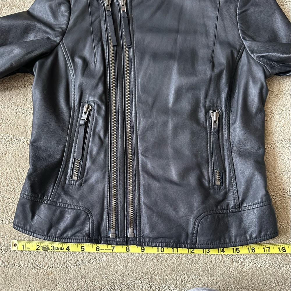 Joie Black Leather Short Round Neck Biker Asymmetric Zip Leather Jacket Sz Large - Picture 13 of 16